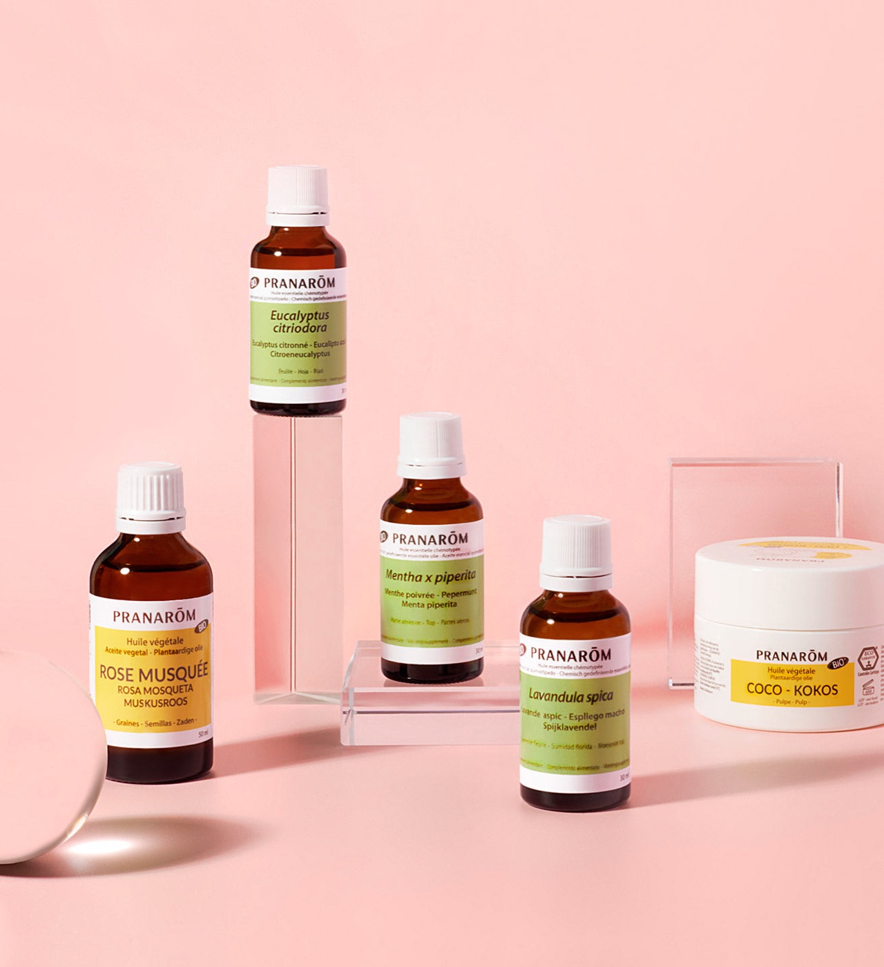Huiles essentielles Pranarôm : eucalyptus citronné, menthe poivrée et lavande aspic, entre une huile de rose musquée et un beurre de coco