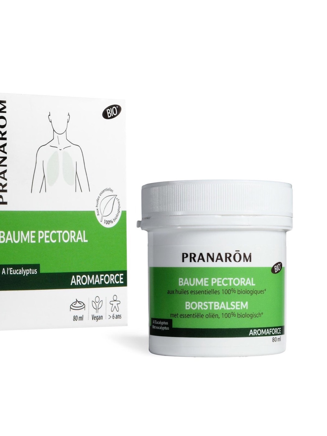Baume pectoral bio Pranarôm de la gamme Aromaforce, avec son étui