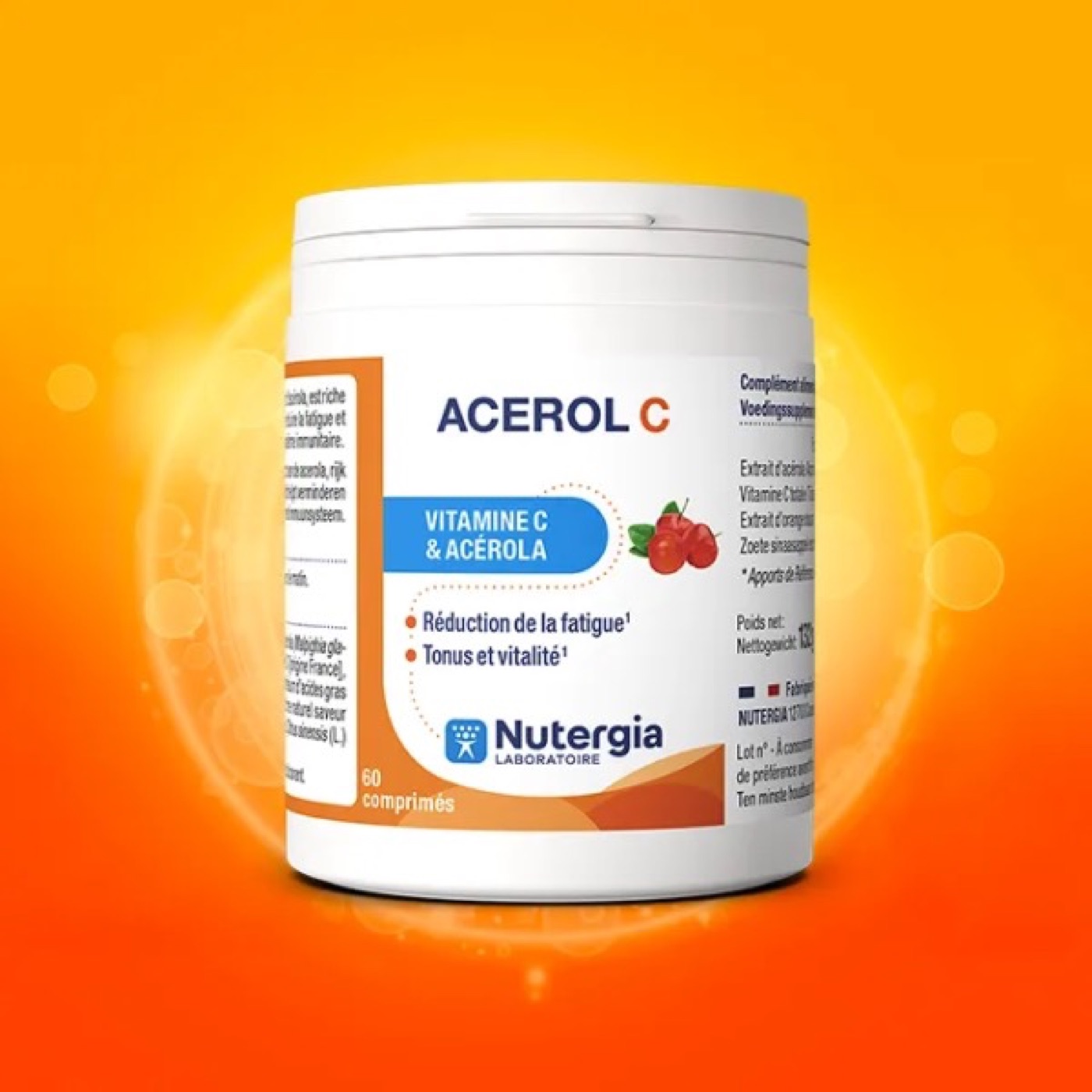 Nutergia Acerol C jar on an orange background
